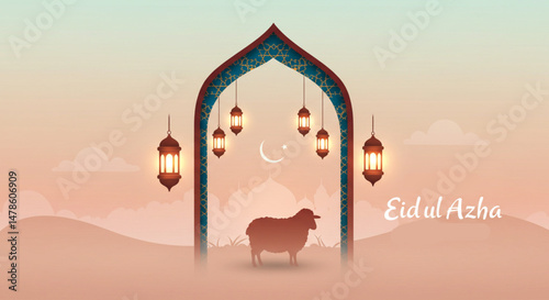 Eid ul Azha Celebration Illustration with Mosque, Sheep and Decorative Archway | Islamic Holiday Background for Greetings, Social Media and Festive Marketing