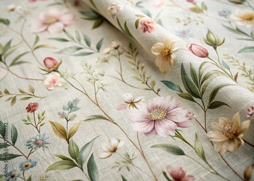 Muted Botanical Linen Fabric Print: Subtle Floral Texture Design