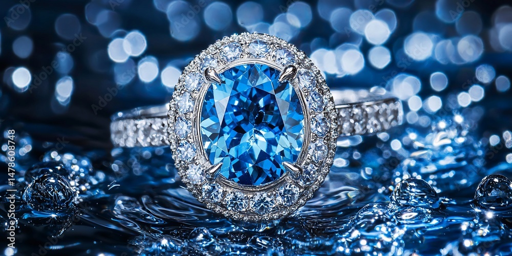 Obraz premium Magnificent blue gemstone ring surrounded by diamonds on a shimmering surface
