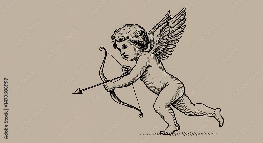 Fototapeta premium Ink and Dreams: A Cherubic Archer in Flight