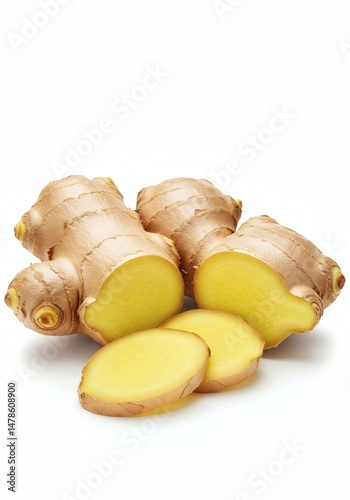 Fresh Ginger Root and Slices Isolated on White Background