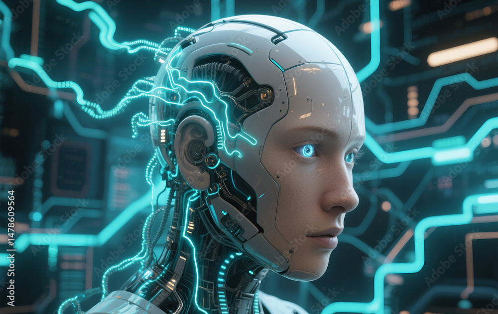 Obraz premium A futuristic digital artwork of a humanoid AI head partially covered 