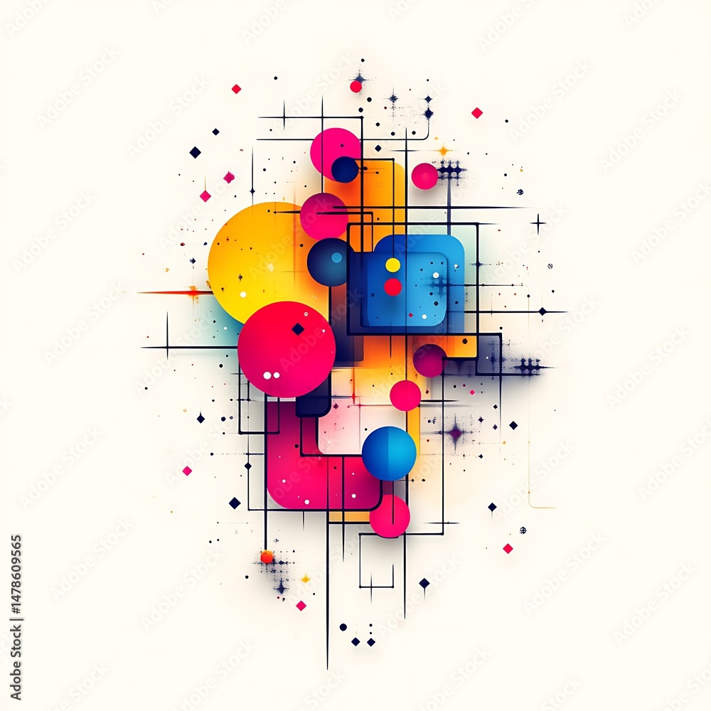 Obraz premium Vibrant abstract geometric design with intersecting shapes and lines. Dynamic colorful composition of circles, squares, and lines