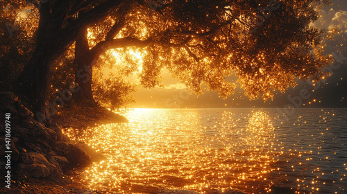 a peaceful scene infused with twilight in a calm lake
