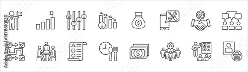 Business and management icon set. Contains symbol of businessman, target, finance, lunchtime, success, data, reward, work, money, employee, task, shop, meeting, education, idea. Vector illustration