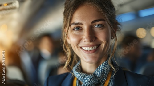 Young caucasian female flight attendant smiling on airplane with uniform and scarf photo