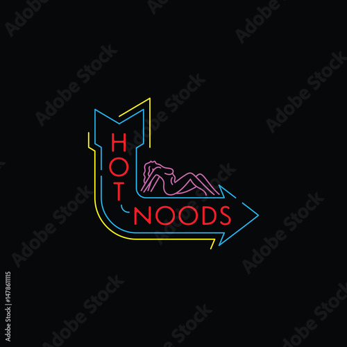 noodle logo with a silhouette of a woman posing sexily. with a neon light display style.
