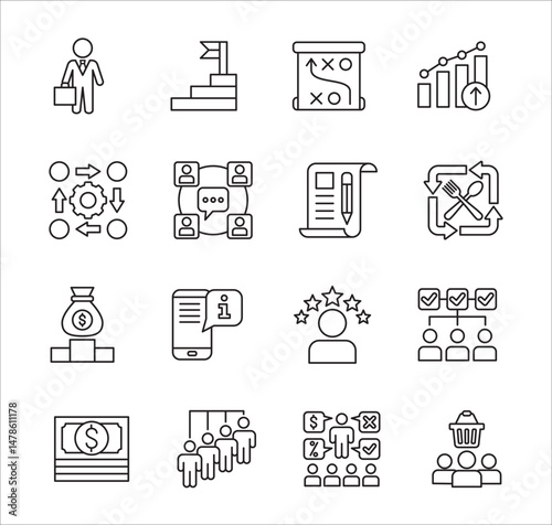 Business company Icon set. Management icon set. Contains symbol of success, data, reward, work, money, employee, businessman, target, finance, lunchtime, shop, meeting, education. Vector illustration