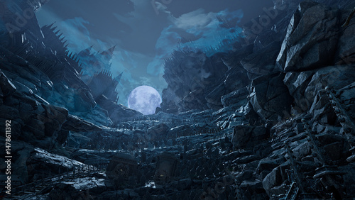 ゴシックダークファンタジーの大きな月と墓地