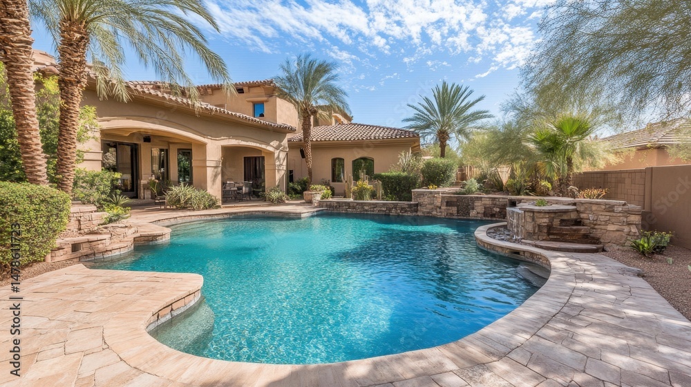 Fototapeta premium Serene backyard oasis featuring a sparkling pool surrounded by lush palm trees and stonework