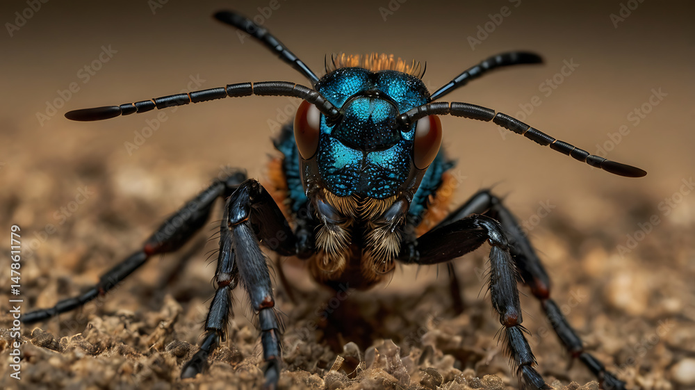 Fototapeta premium Macro shot of a vibrant blue-headed insect with intricate details and textures