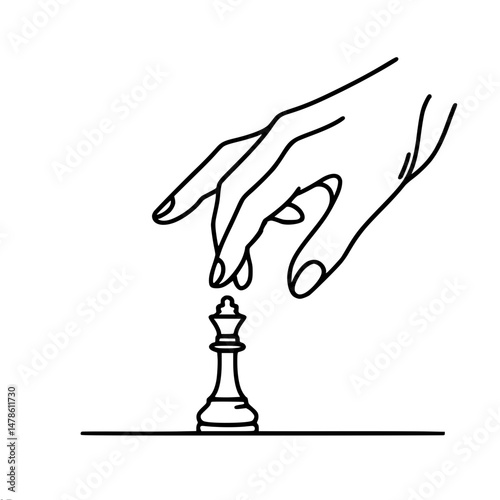 Hand moving chess king piece in concept of single line contour vector image  