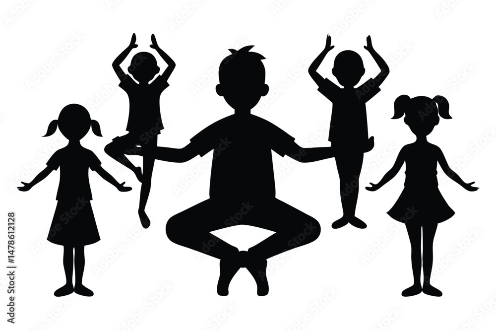 Obraz premium Black Silhouette of School Kids Practicing Yoga in Fun and Calm Style