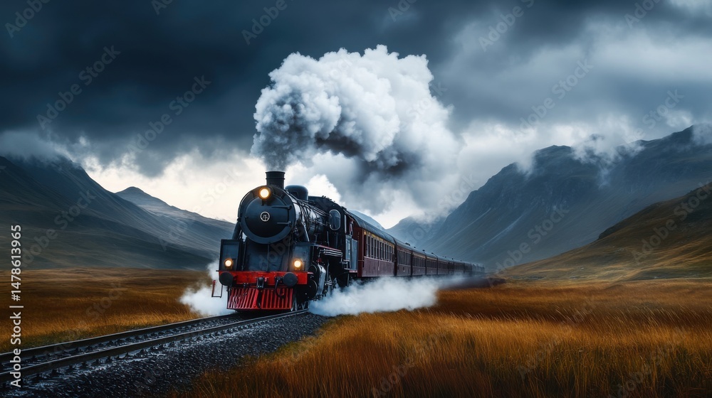Obraz premium Vintage Steam Train Traveling Through Dramatic Mountain Landscape