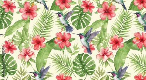 Watercolor Hummingbirds and Hibiscus: A Tropical Tapestry