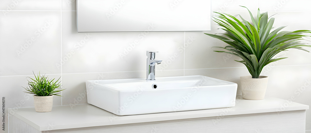 Fototapeta premium Modern White Bathroom Sink With Plant Decor