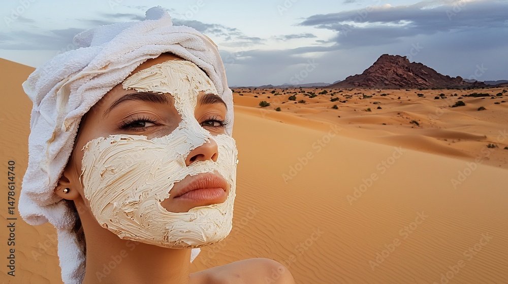 Fototapeta premium Wide Calm Wallpaper Showing Peaceful Sahara Horizon With Dreamy Cloudscape and Magical Ambient Lighting