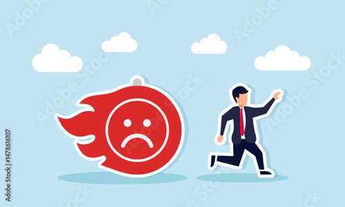Businessman Running from Burning Dollar Stopwatch with Sad Emoji Illustration of Negative Business Response