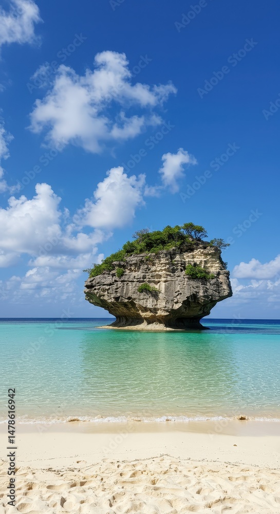 Fototapeta premium Solitary rocky island in a calm turquoise sea with a sandy tropical beach