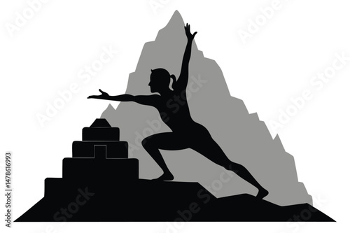 Black Silhouette Yoga Pose at Machu Picchu in Scenic Style