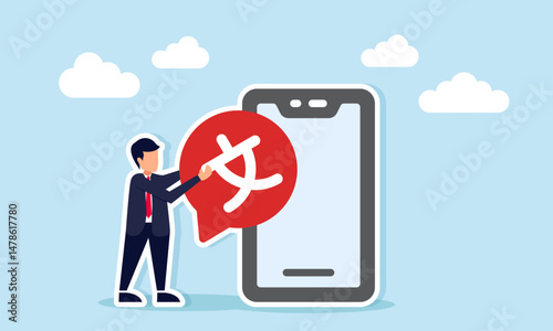 Businessman Holding Chat Dialog with Chinese Character Beside Smartphone Illustration of Cross Language Communication