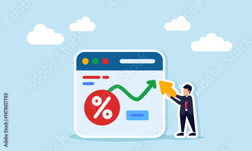 Businessman Pointing Cursor at Line Chart on App Interface with Percent Sign Illustration of Business Profit and Revenue Growth