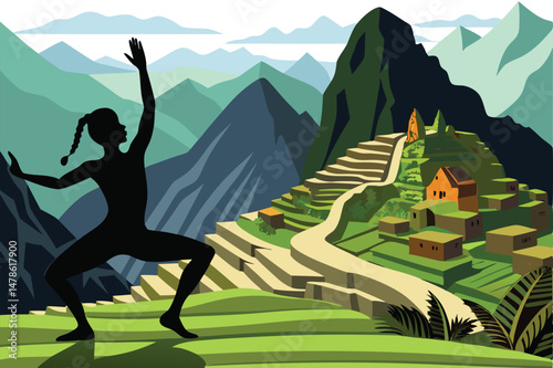 Black Silhouette Yoga Pose at Machu Picchu in Scenic Style