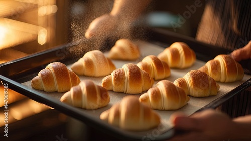 Baker holding tray of raw croissants, close-up hands and artisanal dough rolls in warm bakery light