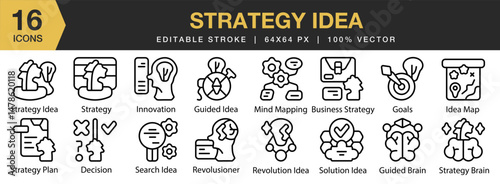 Strategy Idea icon set. Editable Stroke Icon Collection. Includes strategy, business, idea, success, management, marketing, and More. Outline icons vector collection.