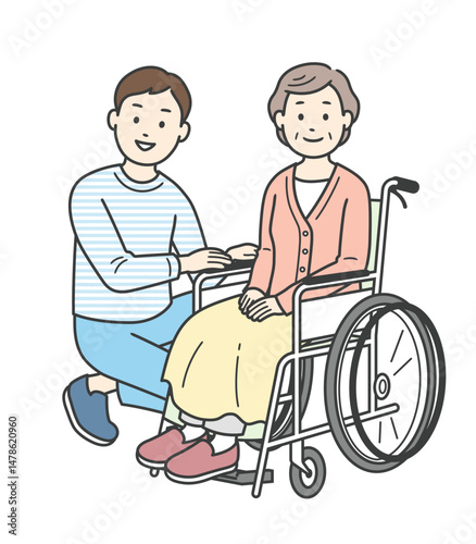 車椅子の高齢女性と介助をする男性介護士のイラスト