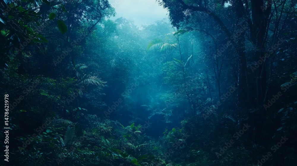 Fototapeta premium Enchanting backdrop of Southeast Asia's tropical jungles shrouded in mist.
