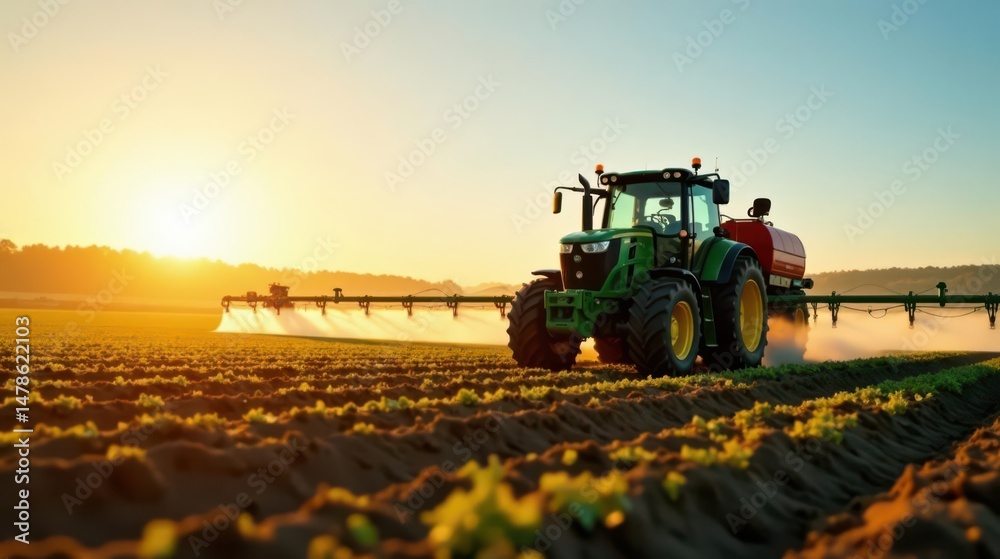 Fototapeta premium A powerful agricultural tractor sprays crops at sunset, enhancing growth and ensuring a bountiful harvest in a meticulously cultivated field.