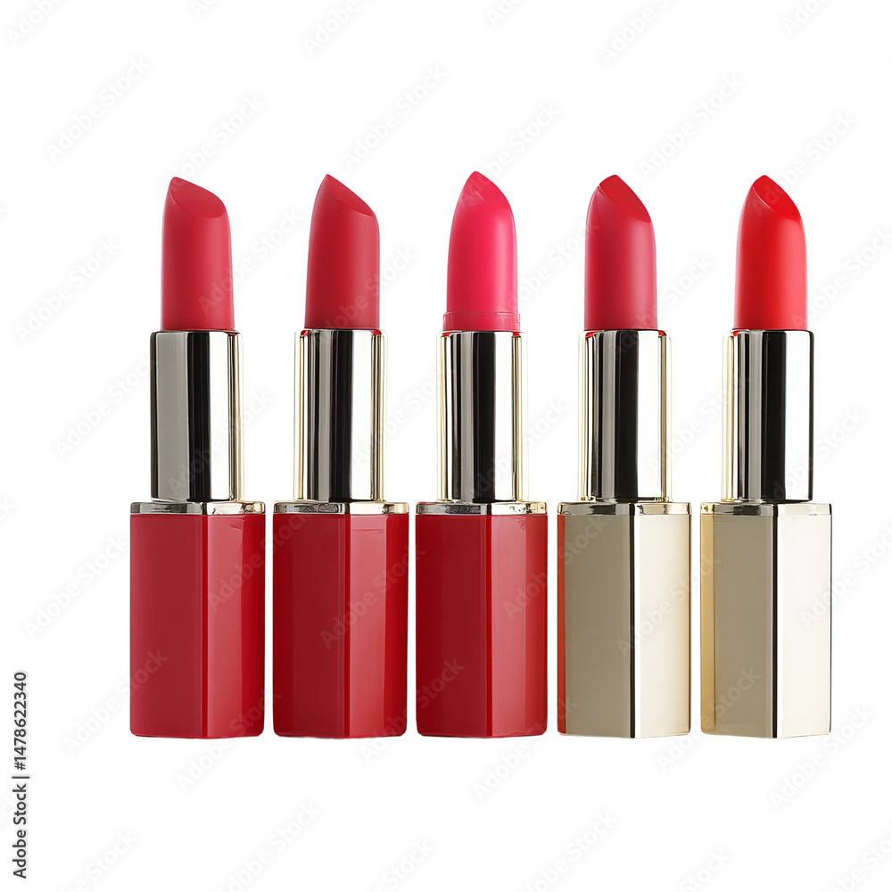 Obraz premium A row of vibrant red lipsticks in varying shades, creating a beautiful display of color and beauty