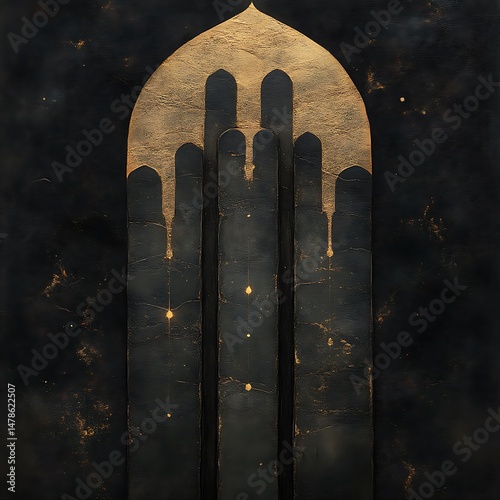 Dark, arched window with illuminated towers