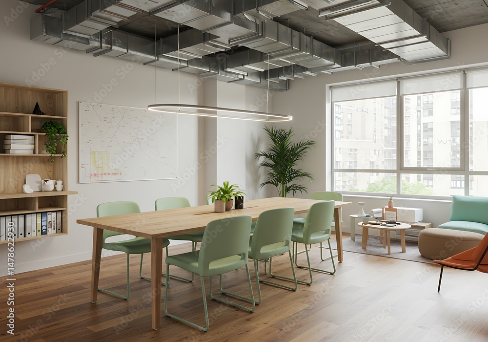 Fototapeta premium Conference room with table, chairs, whiteboard, and shelving in an office space