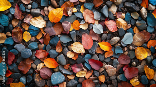 Autumn leaves scattered among colorful stones