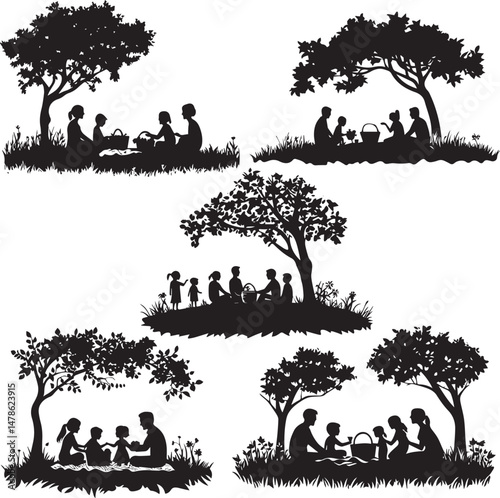Silhouette Family Picnic in Park with Basket full od things vector