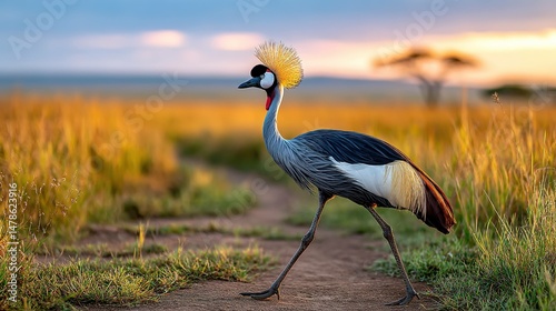 Gray crowned crane walking through grassy field