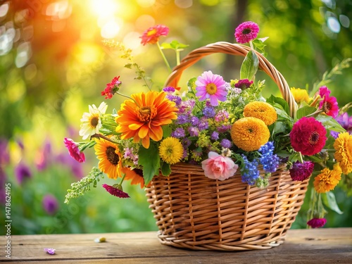Overflowing Hanging Basket of Vibrant Summer Flowers - Stock Photo