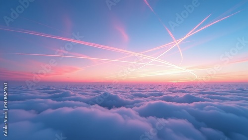 Jet streams in sky crisscrossing like a web, time-lapse effect reveals complex busy airspace, blue and pink sky gradient, symbolism of modern aviation flow