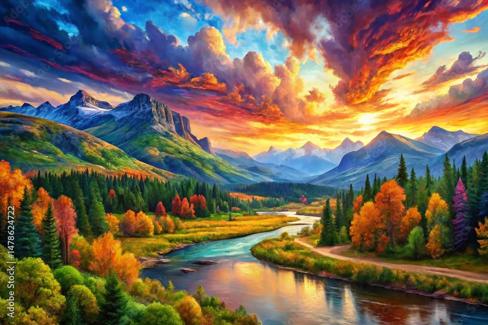 Fototapeta premium Painterly Landscape Wallpaper: Artistic Brush Stroke Illustration of Serene Nature Scene