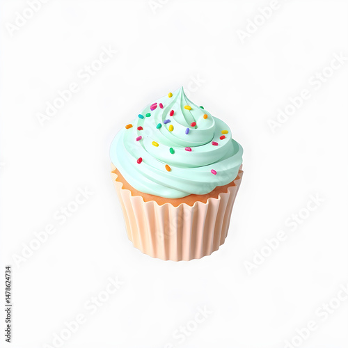 Delicious cupcake with mint frosting and colorful sprinkles rotating on white background