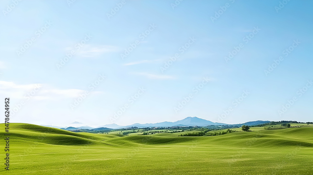 Fototapeta premium Expansive Green Meadow Landscape Under Blue Sky