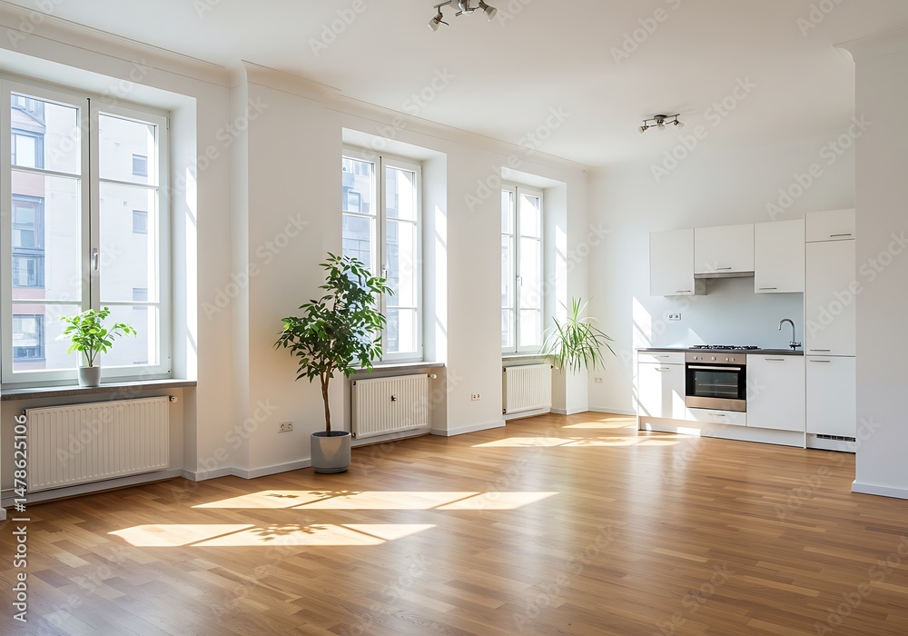 Fototapeta premium Bright apartment interior with wood floor, white walls, kitchen and plants