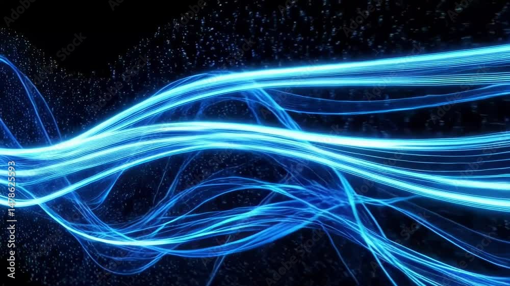 Abstract blue light trails flow across a dark background with sparkling particles