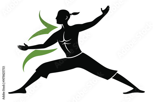 Black Silhouette Yoga Fusion with Tai Chi Style Vector Illustration