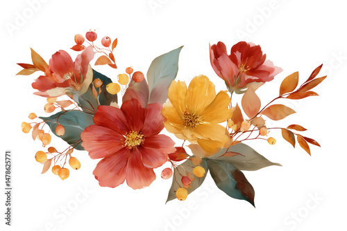 Flower Arrangement Featuring Red Yellow Flowers and Green Leaves on a Transparent Background