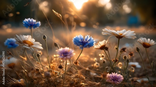 Wildflowers glowing in golden sunlight