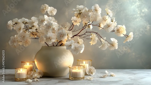 Elegant ceramic vase with cotton and candles
