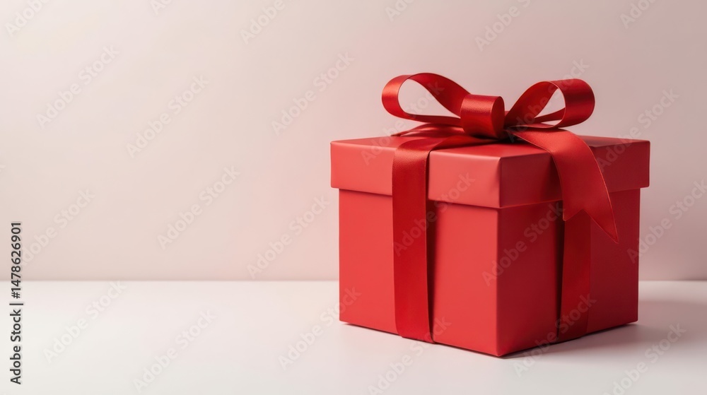 Fototapeta premium A scarlet gift box with a vibrant red ribbon, a symbol of celebration and thoughtful presentation, rests on a pristine white surface against a soft pink backdrop.
